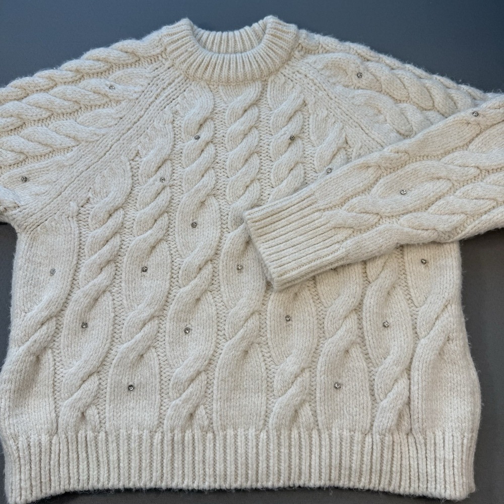 ZARA Sweater Cable Knit With Rhinestones Crew Neck Medium